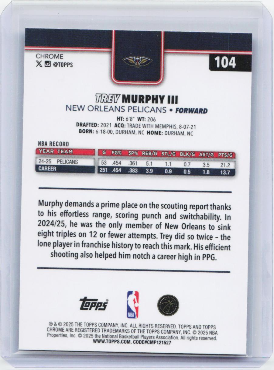 2025-26 Topps Chrome #104 Trey Murphy III RayWave Refractor