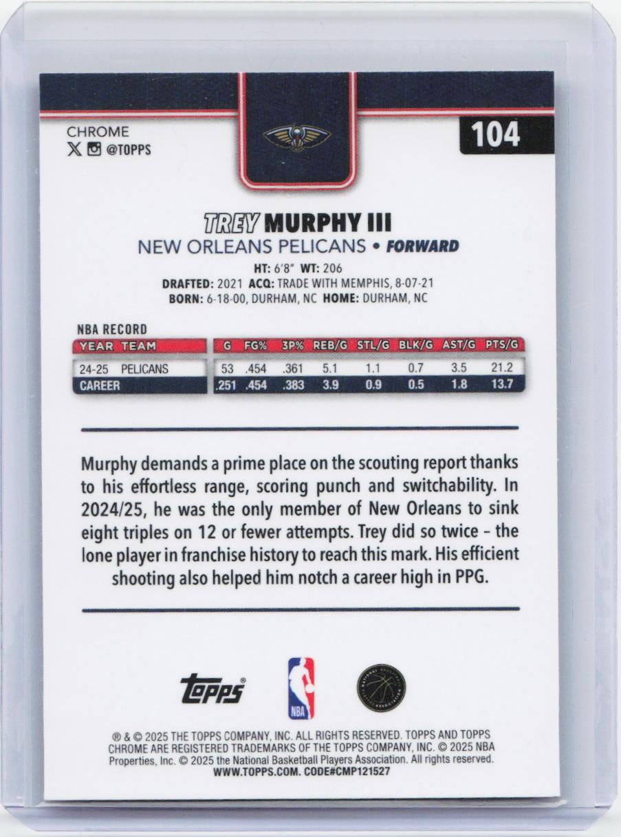 2025-26 Topps Chrome #104 Trey Murphy III Basketball Refractor
