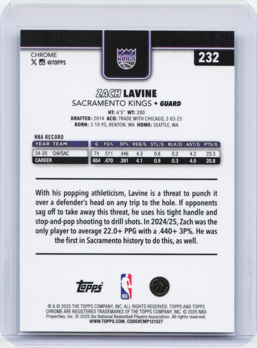 2025-26 Topps Chrome #232 Zach LaVine Refractor