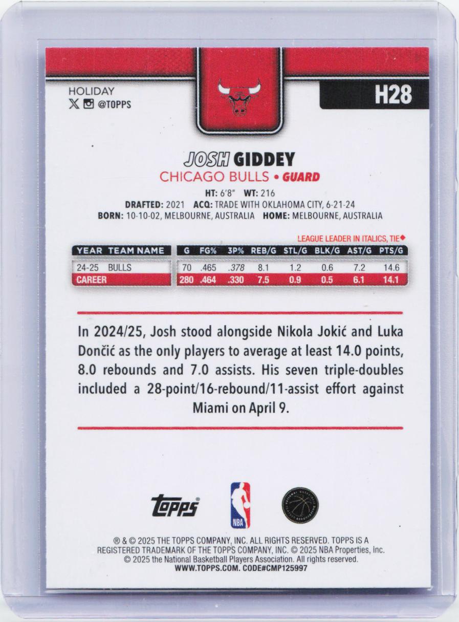 2025-26 Topps Holiday #H28 Josh Giddey Blue Metallic Glitter Holiday