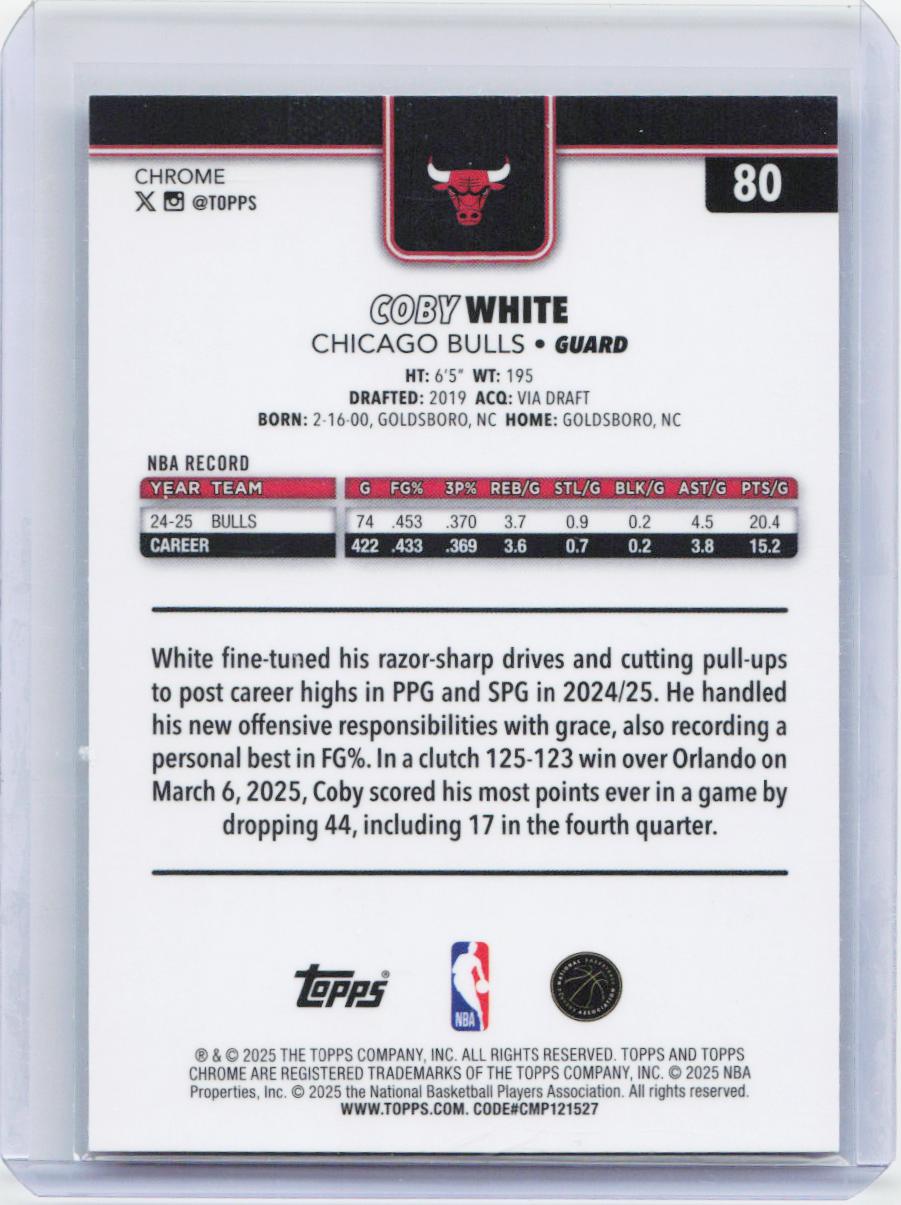 2025-26 Topps Chrome #80 Coby White Prism Refractor