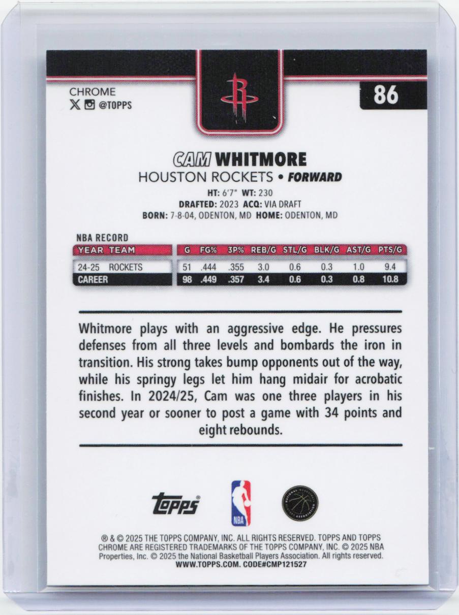 2025-26 Topps Chrome #86 Cam Whitmore Prism Refractor