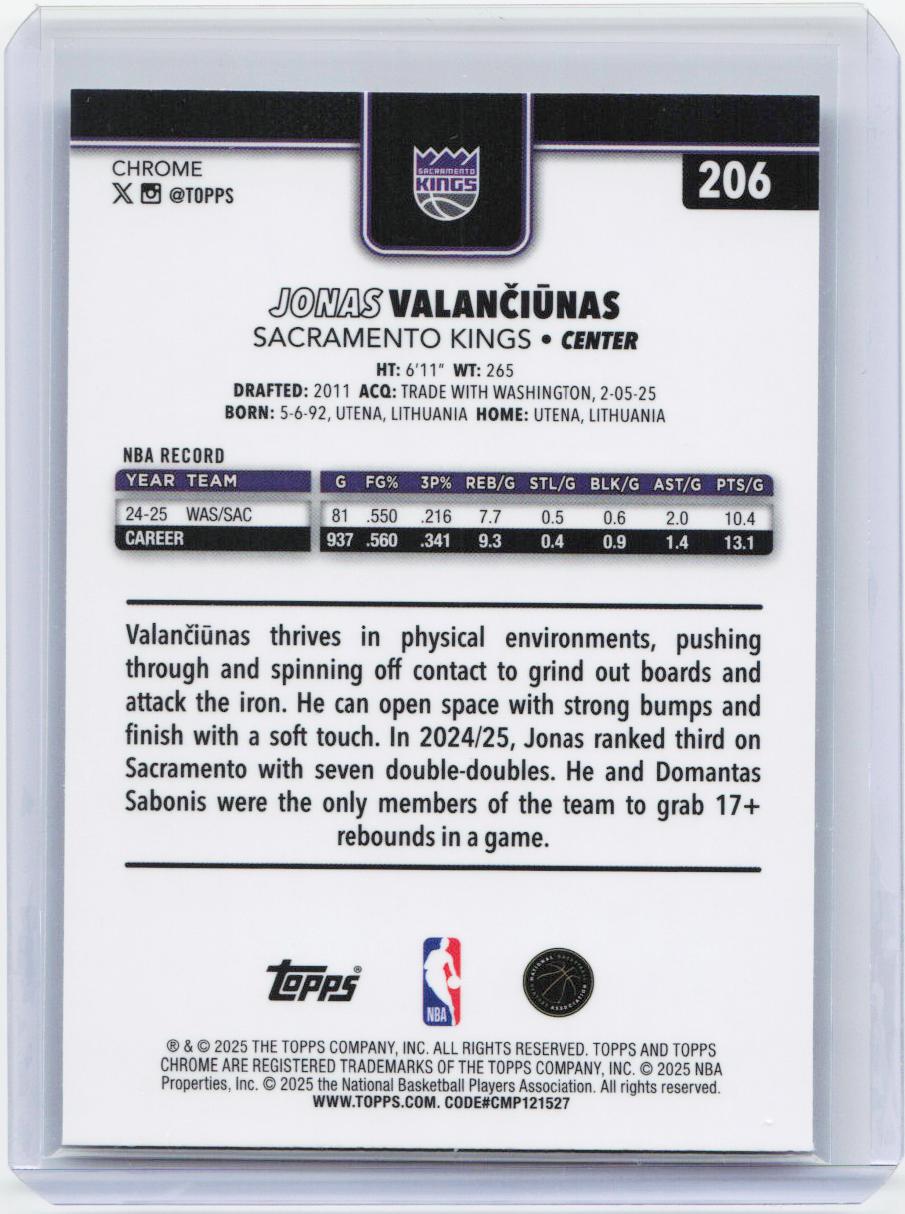 2025-26 Topps Chrome #206 Jonas Valančiūnas RayWave Refractor