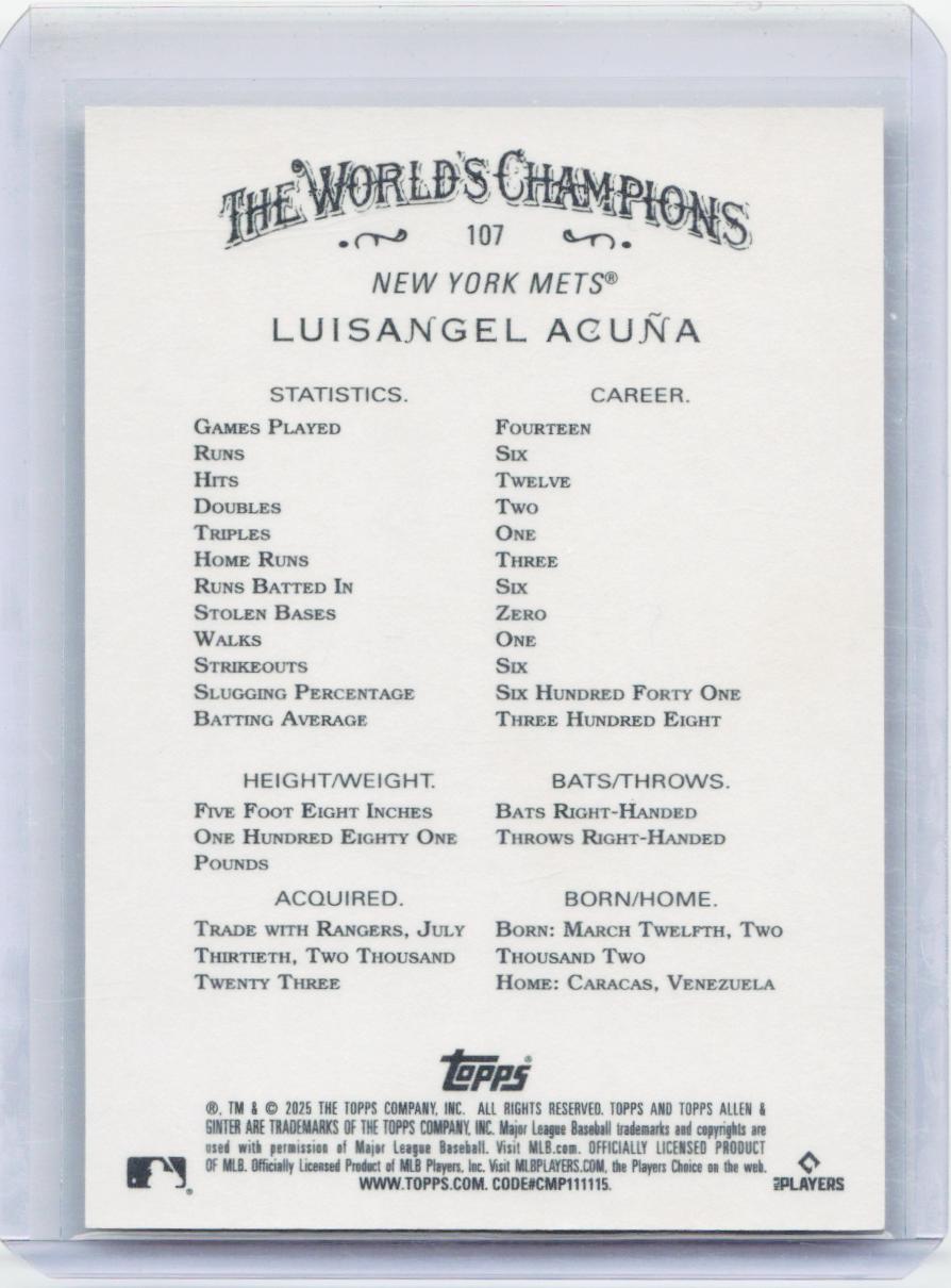 2025 Topps Allen & Ginter #107 Luisangel Acuña Foil Filagree Gold #/50