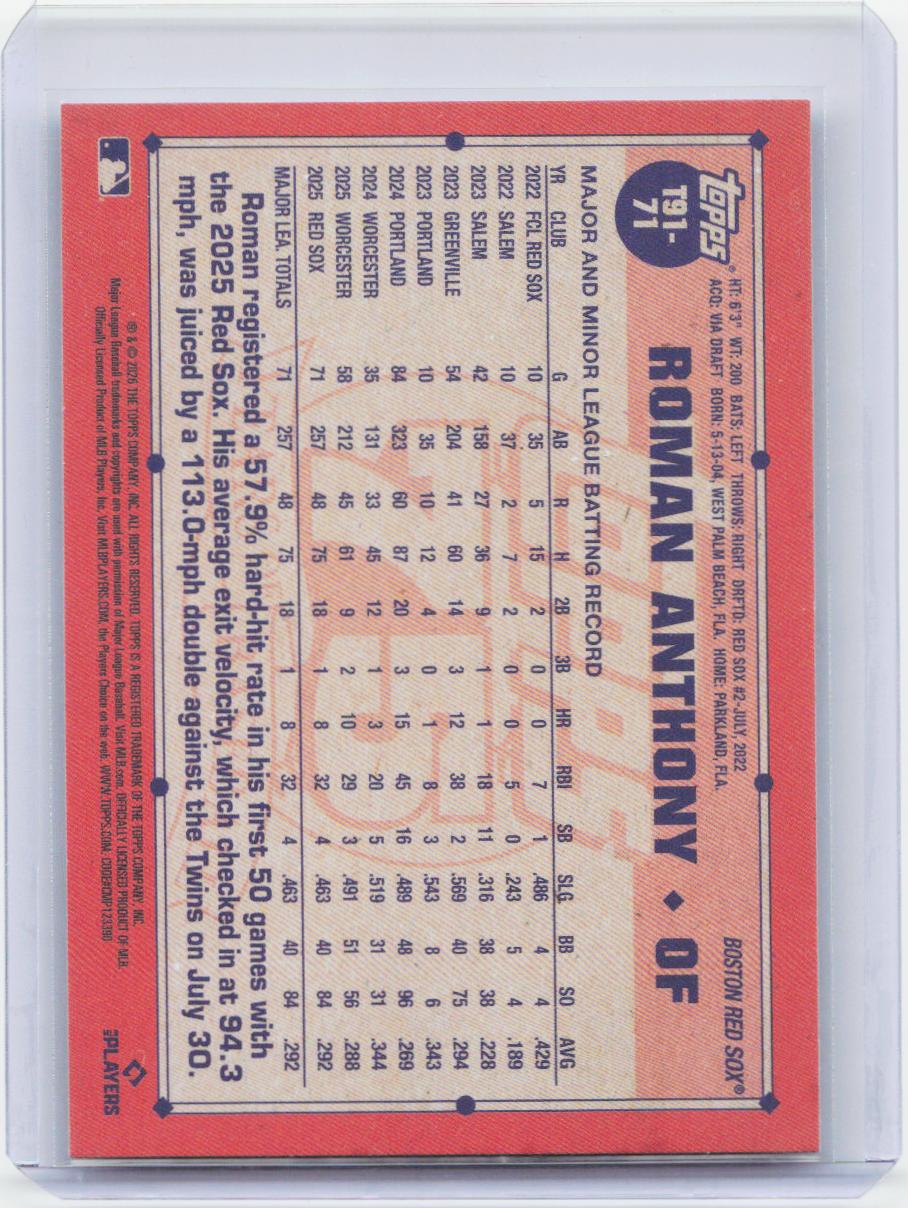 2026 Topps #T91-71 Roman Anthony 1991 Topps Baseball 35th Anniversary Gold  #/50