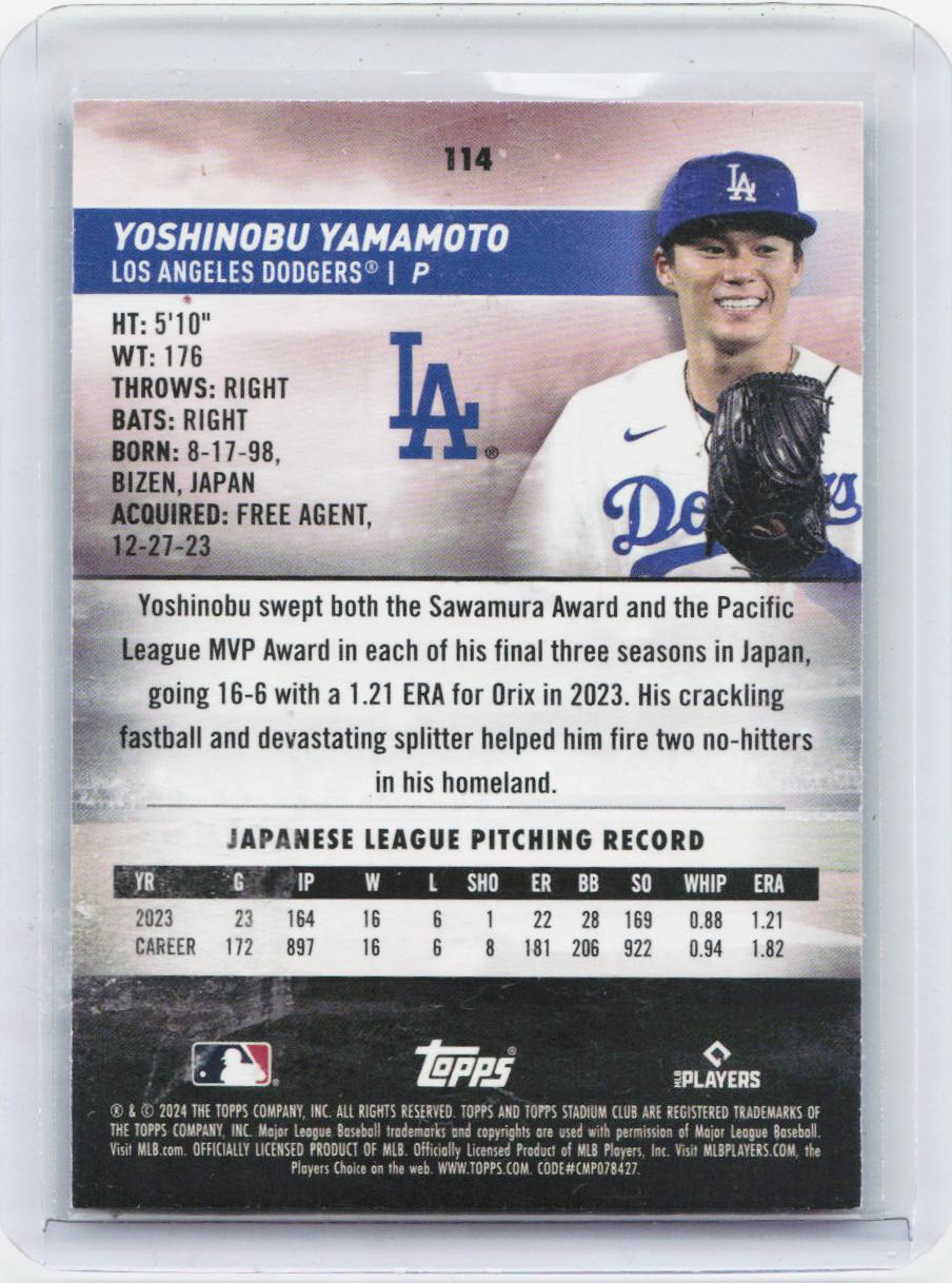 2024 Stadium Club #114 Yoshinobu Yamamoto Pink Foil