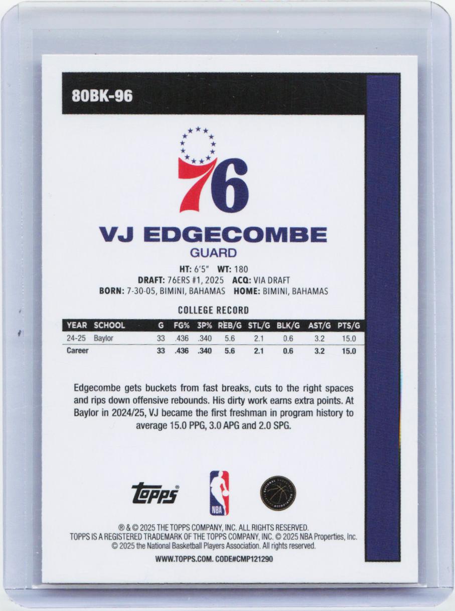 2025-26 Topps #80BK-96 VJ Edgecombe 1980-81 Topps Basketball Pink Holo Foil