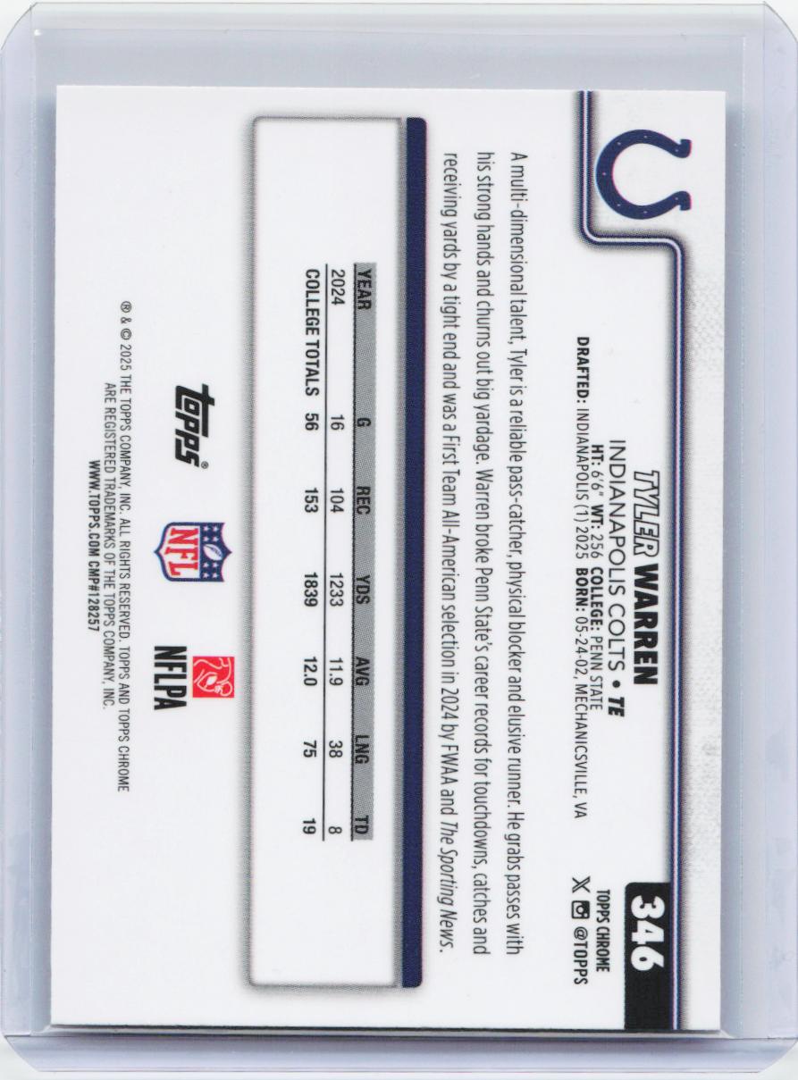 2025 Topps Chrome #346 Tyler Warren Pulsar Refractor
