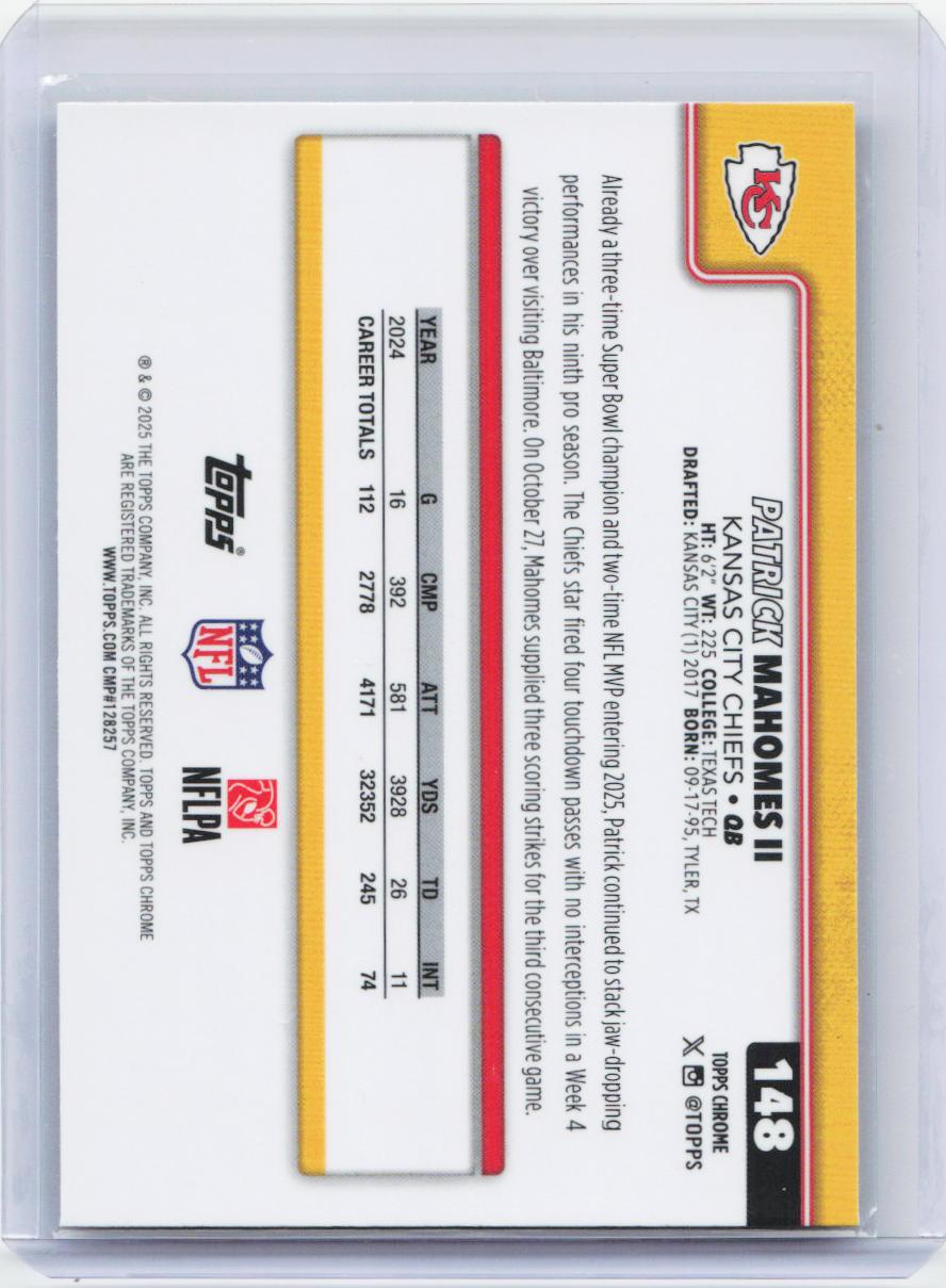 2025 Topps Chrome #148 Patrick Mahomes II Football Leather Refractor