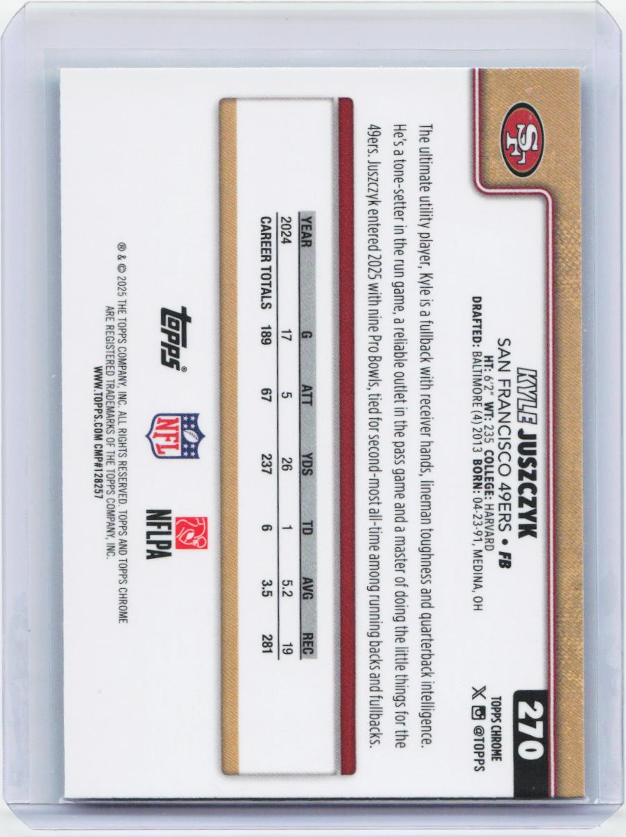 2025 Topps Chrome #270 Kyle Juszczyk Aqua Refractor #/199