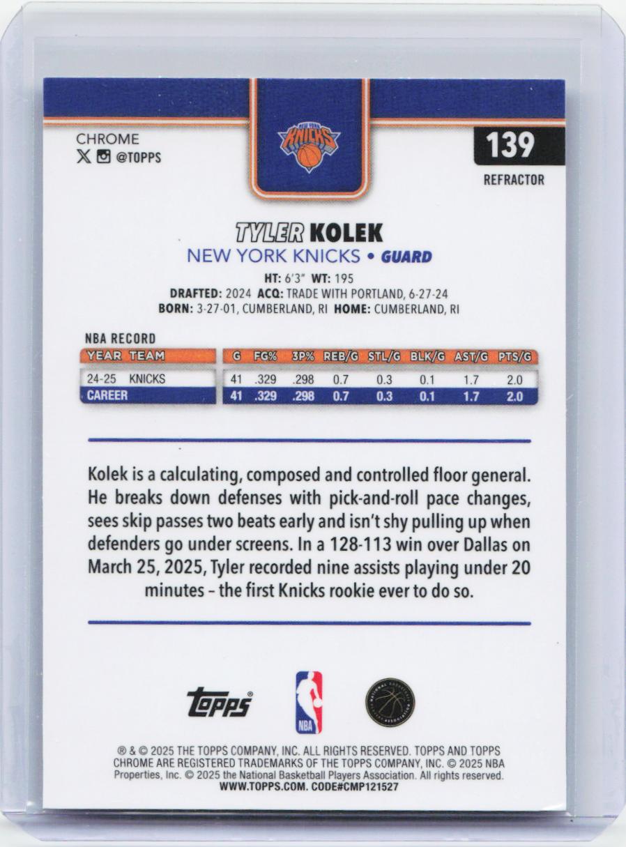 2025-26 Topps Chrome #139 Tyler Kolek Refractor