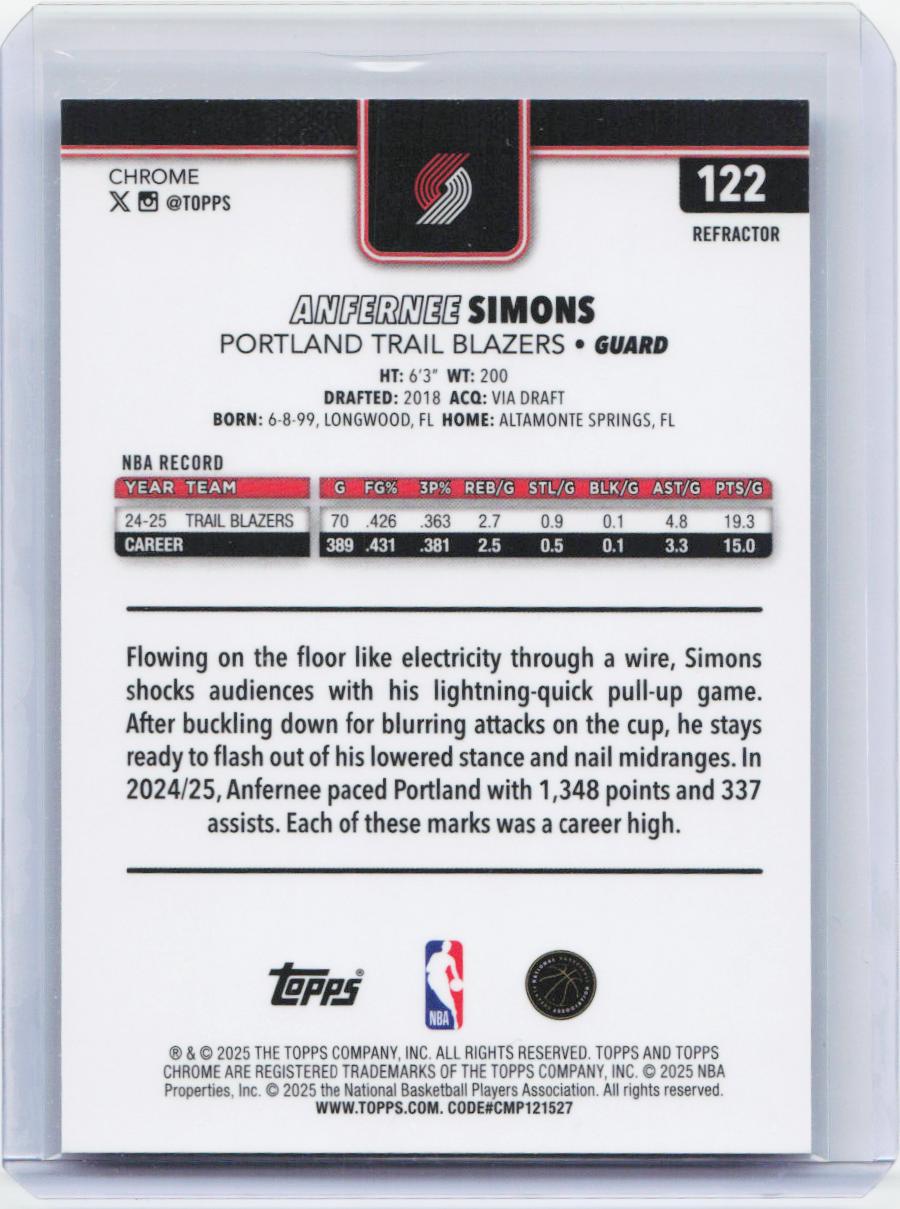 2025-26 Topps Chrome #122 Anfernee Simons Refractor