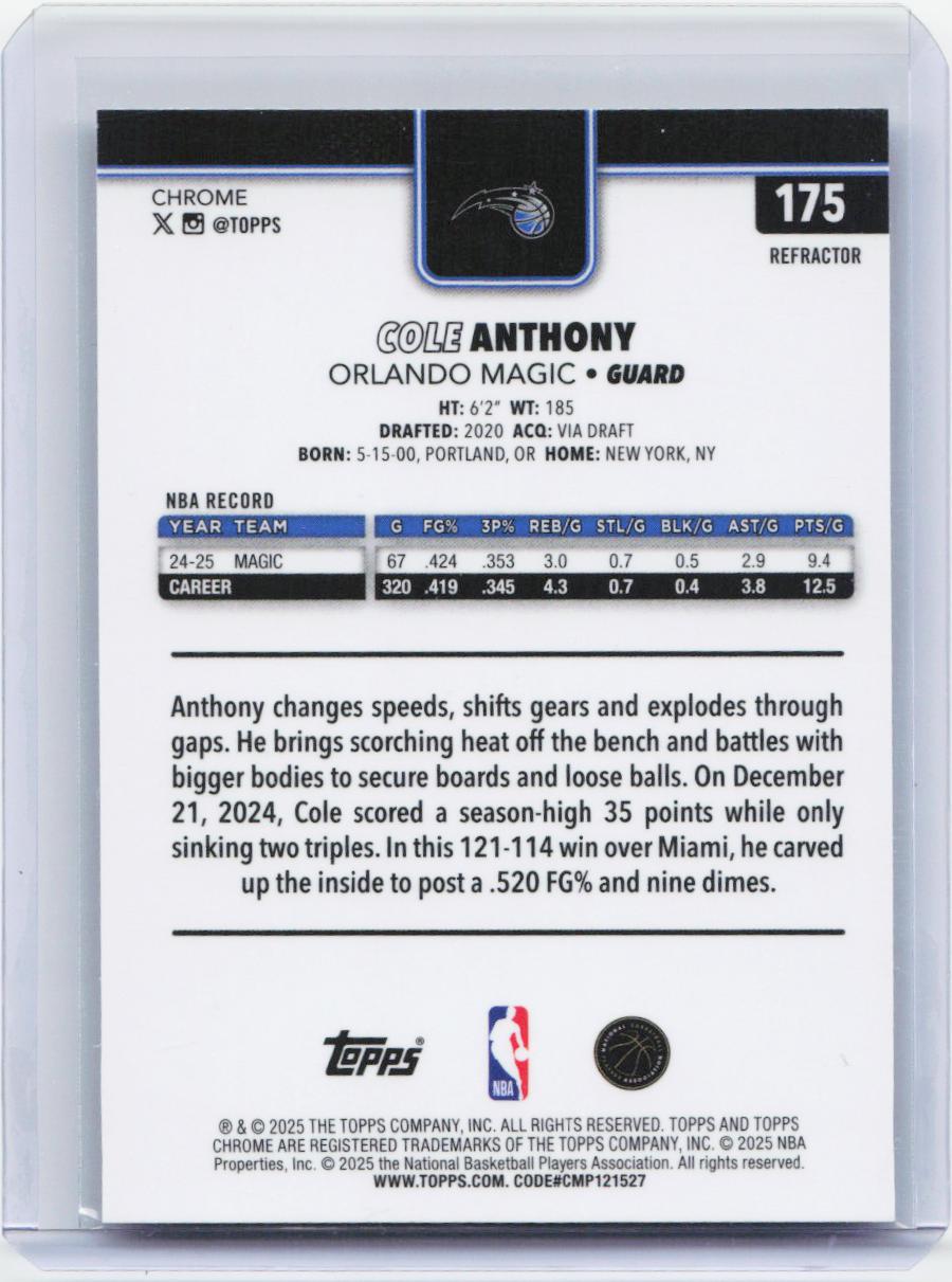 2025-26 Topps Chrome #175 Cole Anthony Refractor