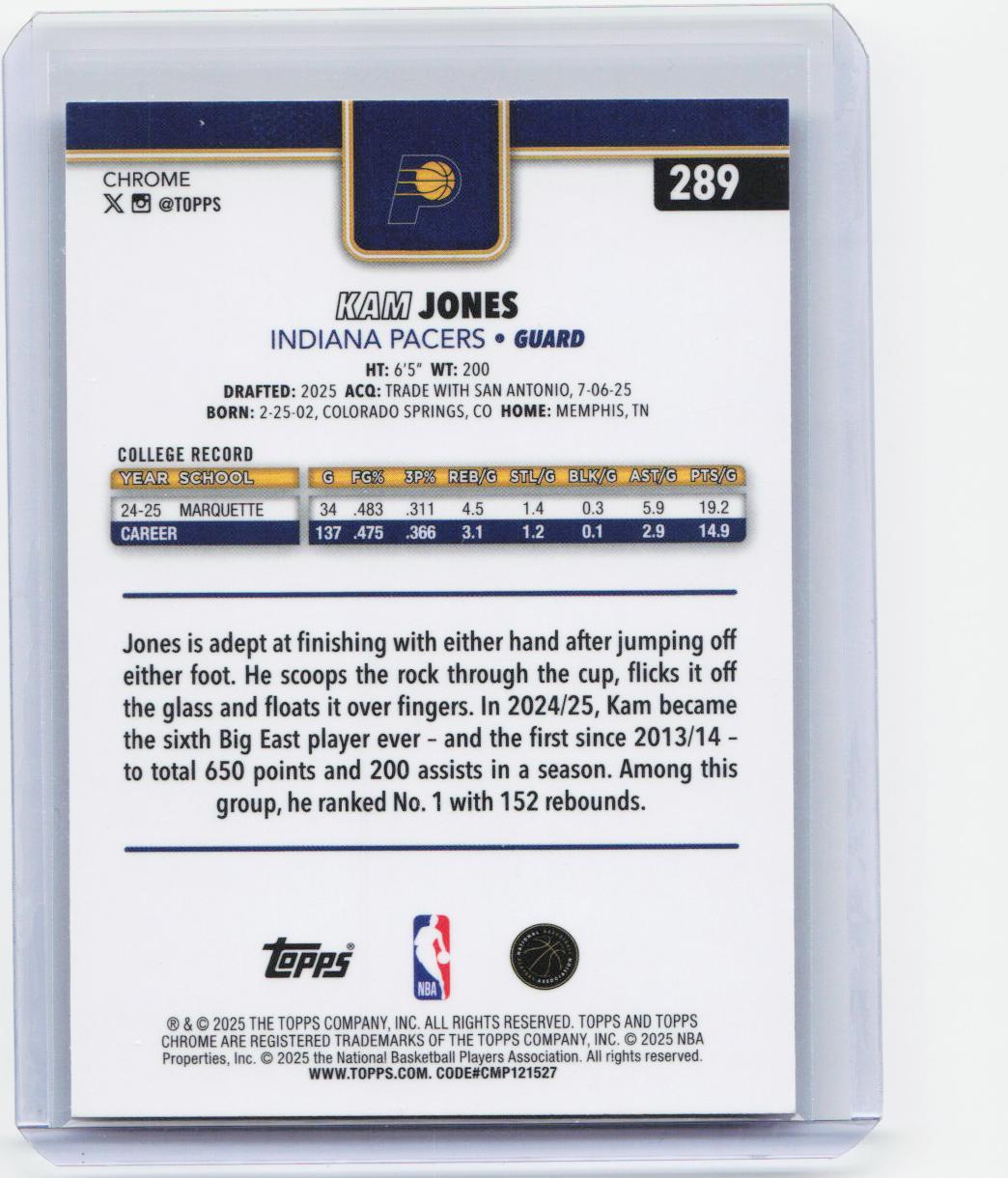 2025-26 Topps Chrome #289 Kam Jones RayWave Refractor