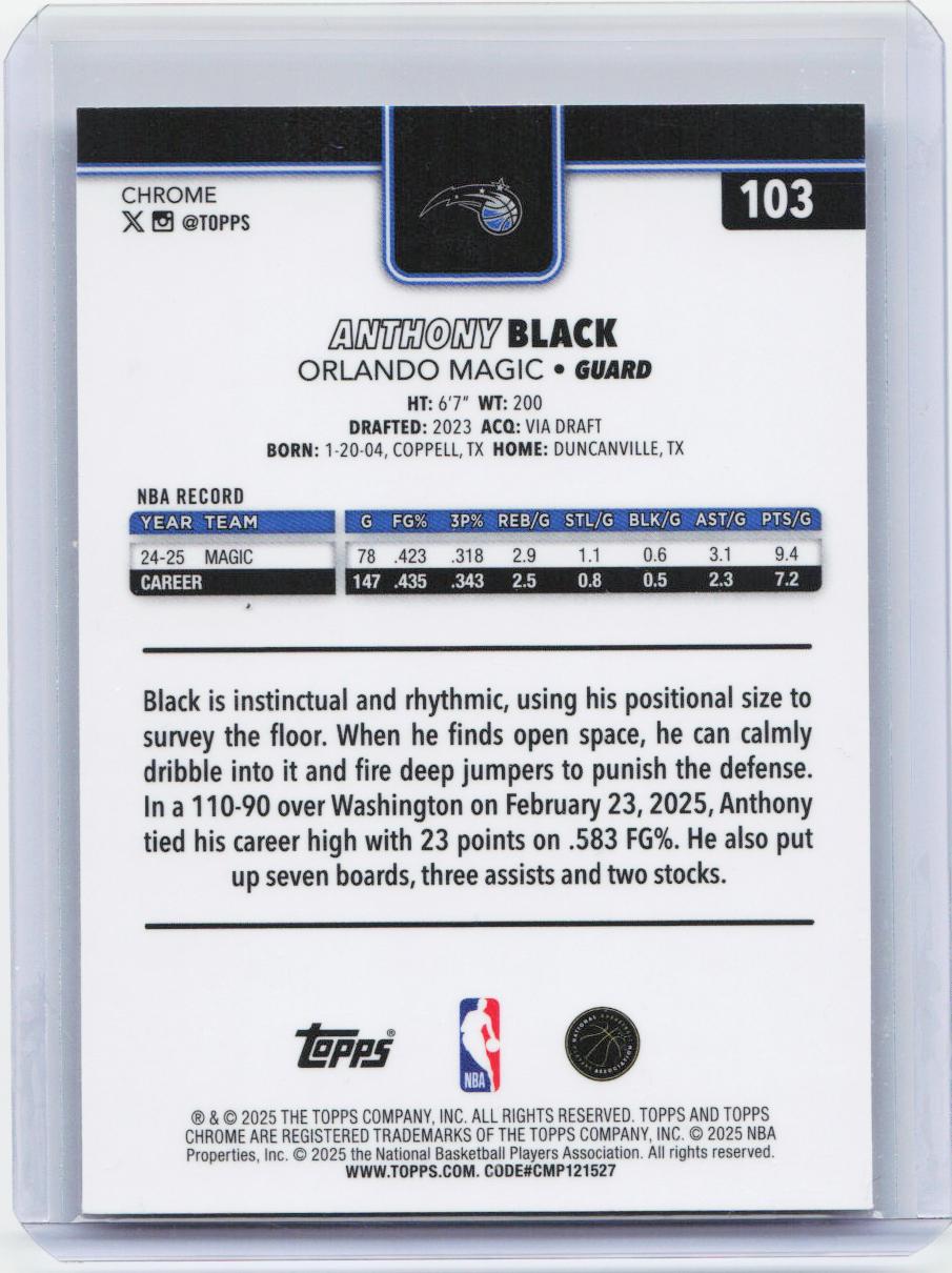 2025-26 Topps Chrome #103 Anthony Black RayWave Refractor
