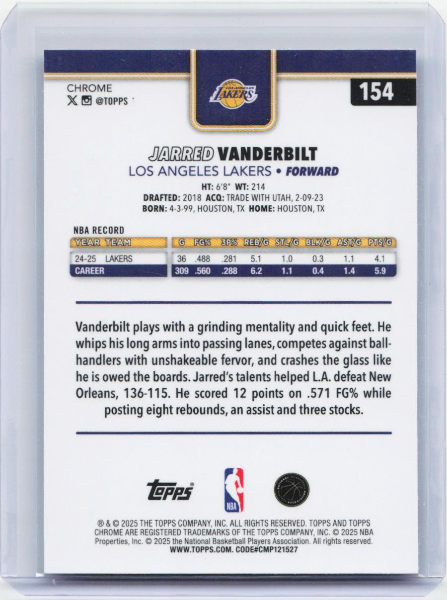 2025-26 Topps Chrome #154 Jarred Vanderbilt RayWave Refractor