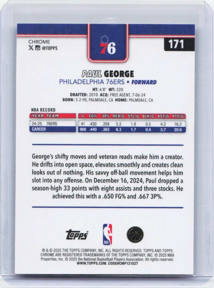 2025-26 Topps Chrome #171 Paul George RayWave Refractor