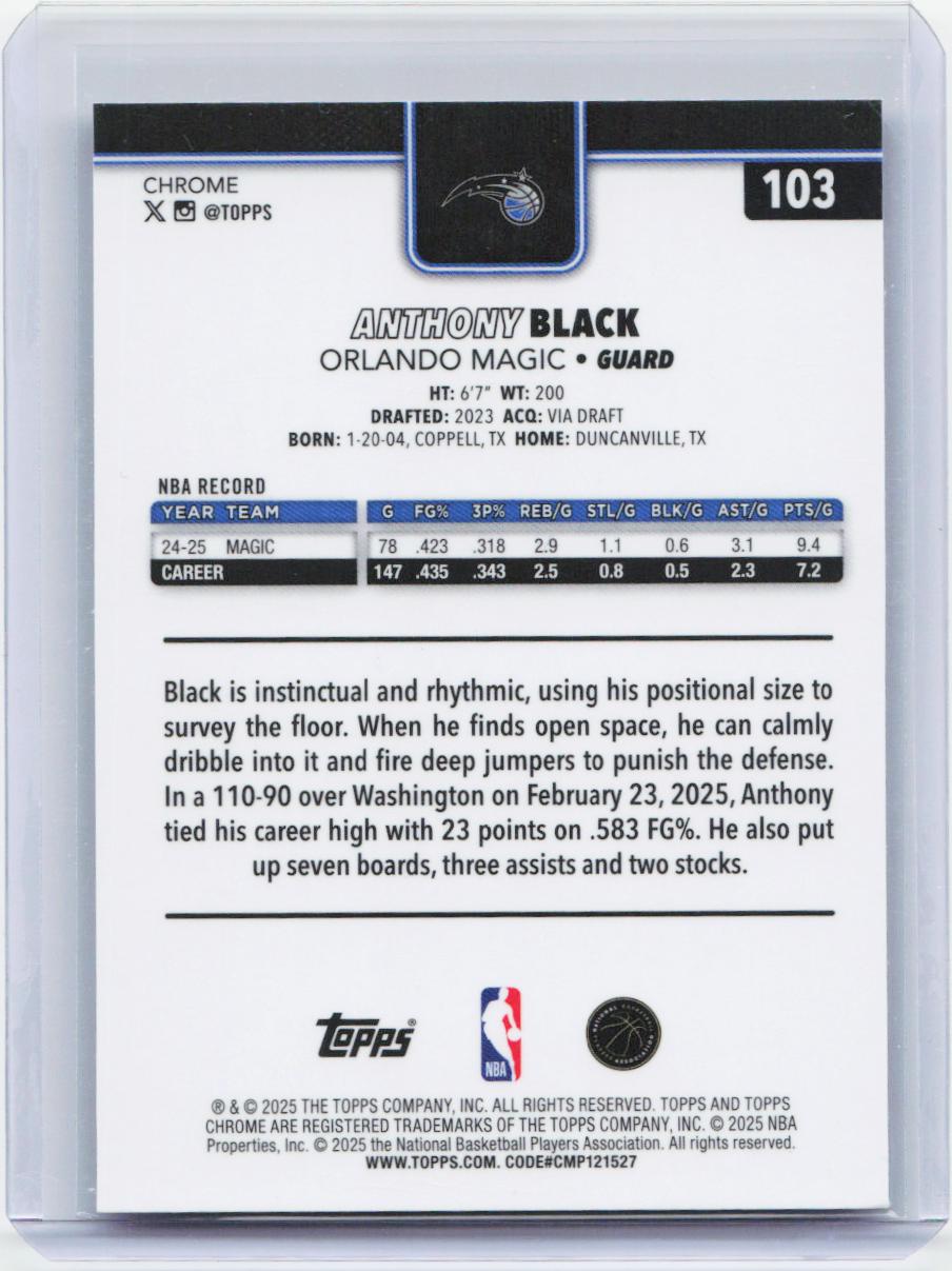 2025-26 Topps Chrome #103 Anthony Black RayWave Refractor