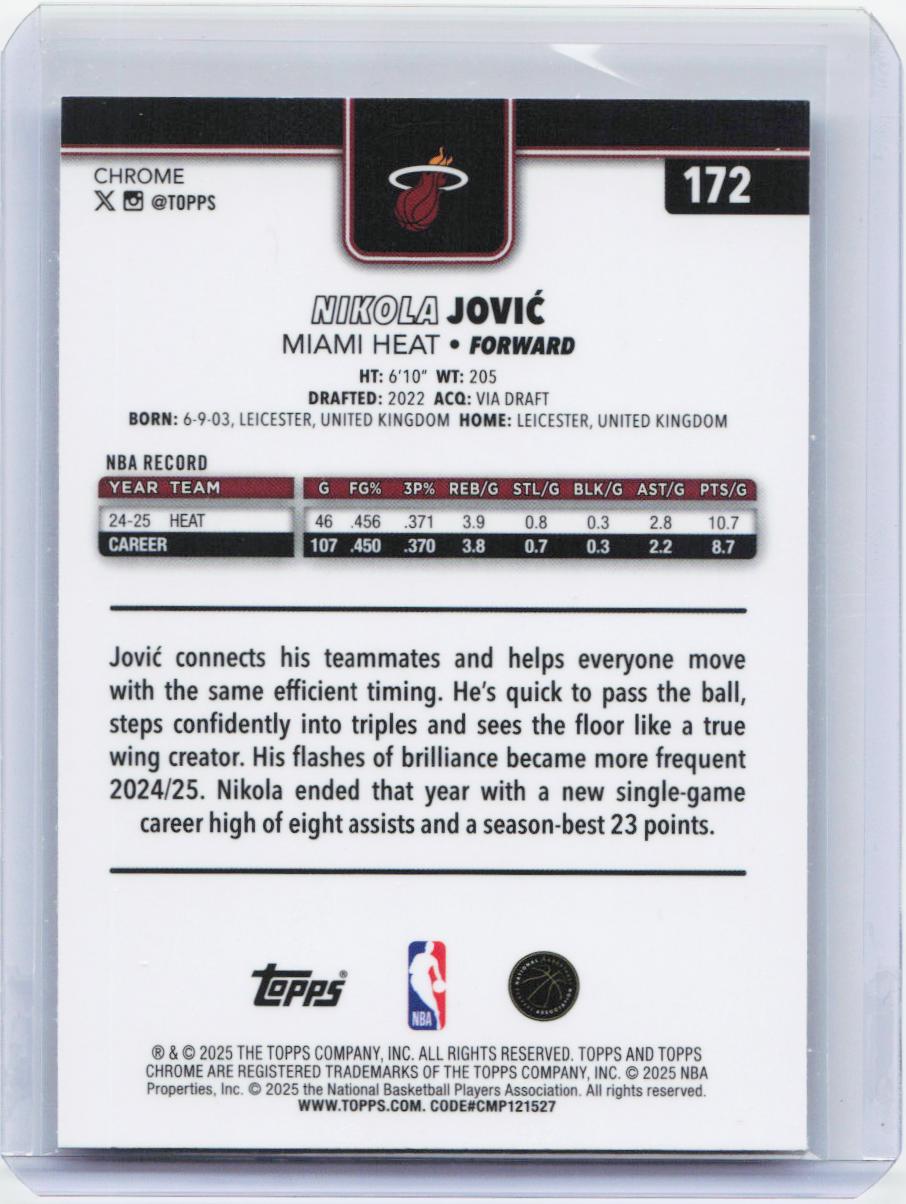 2025-26 Topps Chrome #172 Nikola Jović RayWave Refractor