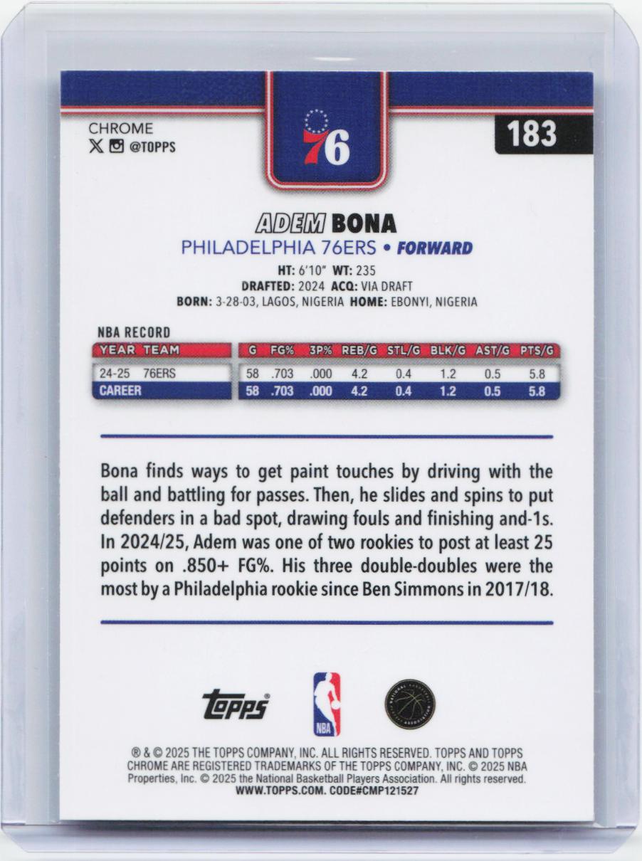 2025-26 Topps Chrome #183 Adem Bona RayWave Refractor