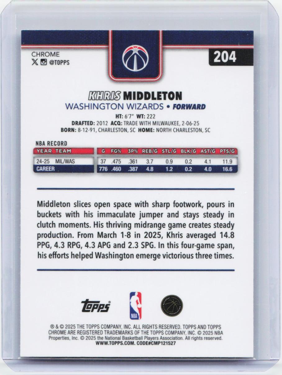 2025-26 Topps Chrome #204 Khris Middleton RayWave Refractor