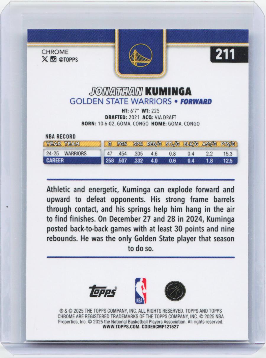 2025-26 Topps Chrome #211 Jonathan Kuminga RayWave Refractor