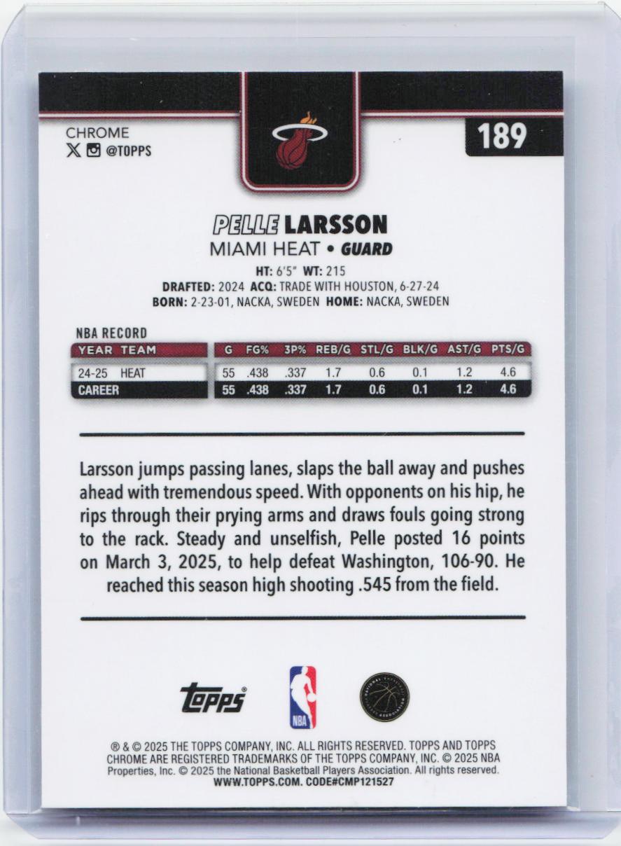 2025-26 Topps Chrome #189 Pelle Larsson RayWave Refractor