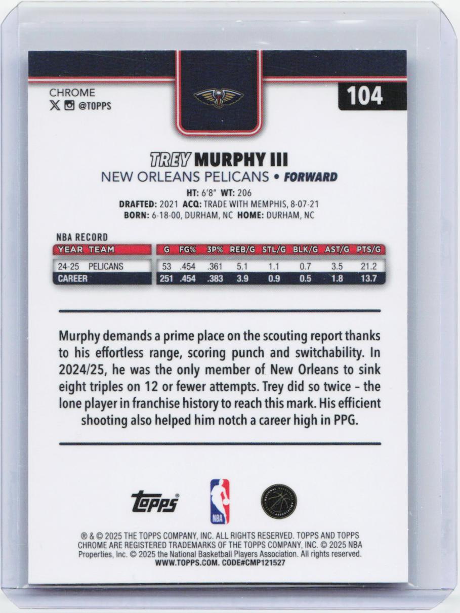 2025-26 Topps Chrome #104 Trey Murphy III Prism Refractor