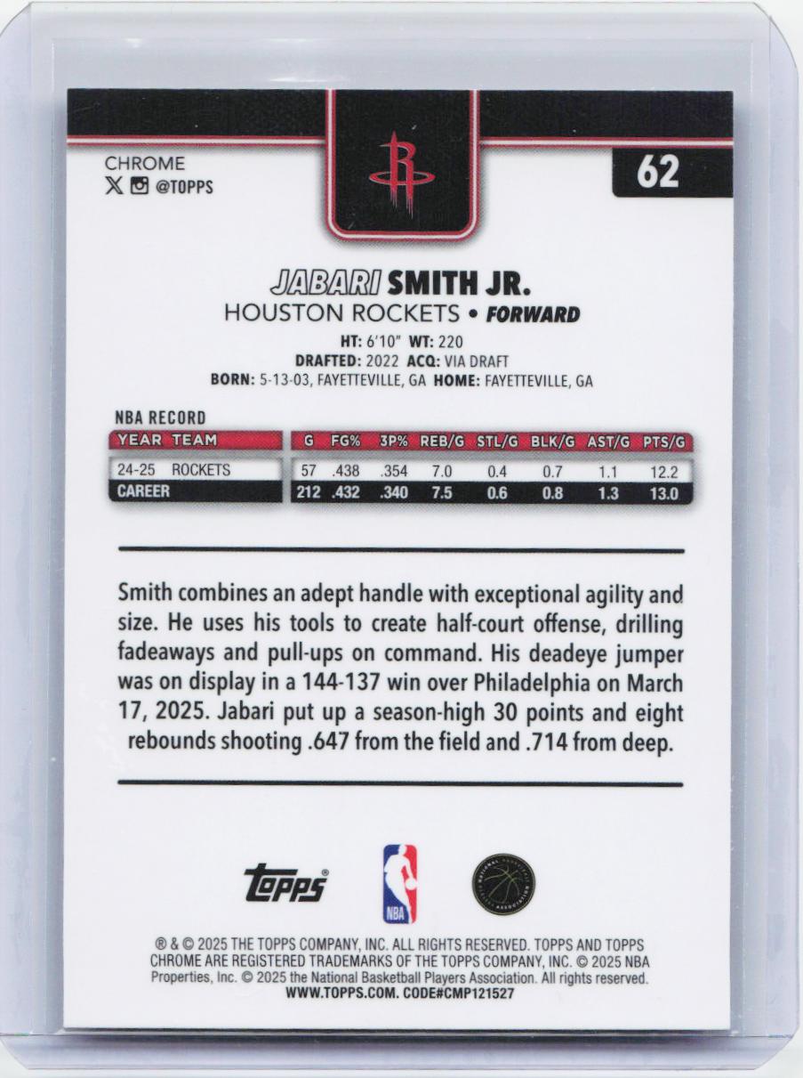 2025-26 Topps Chrome #62 Jabari Smith Jr. Prism Refractor