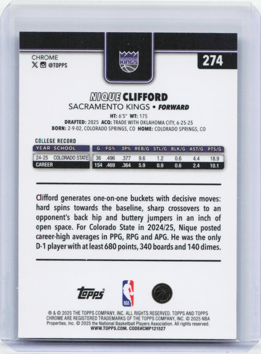 2025-26 Topps Chrome #274 Nique Clifford