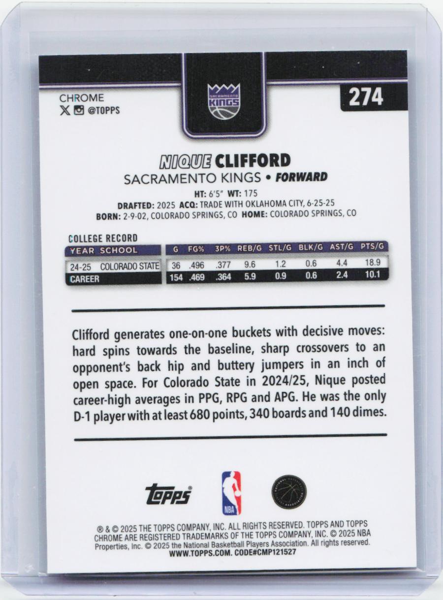 2025-26 Topps Chrome #274 Nique Clifford