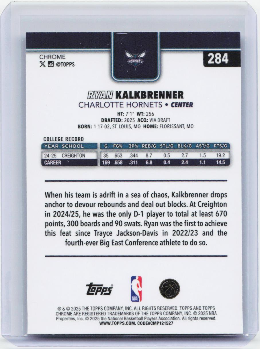 2025-26 Topps Chrome #284 Ryan Kalkbrenner