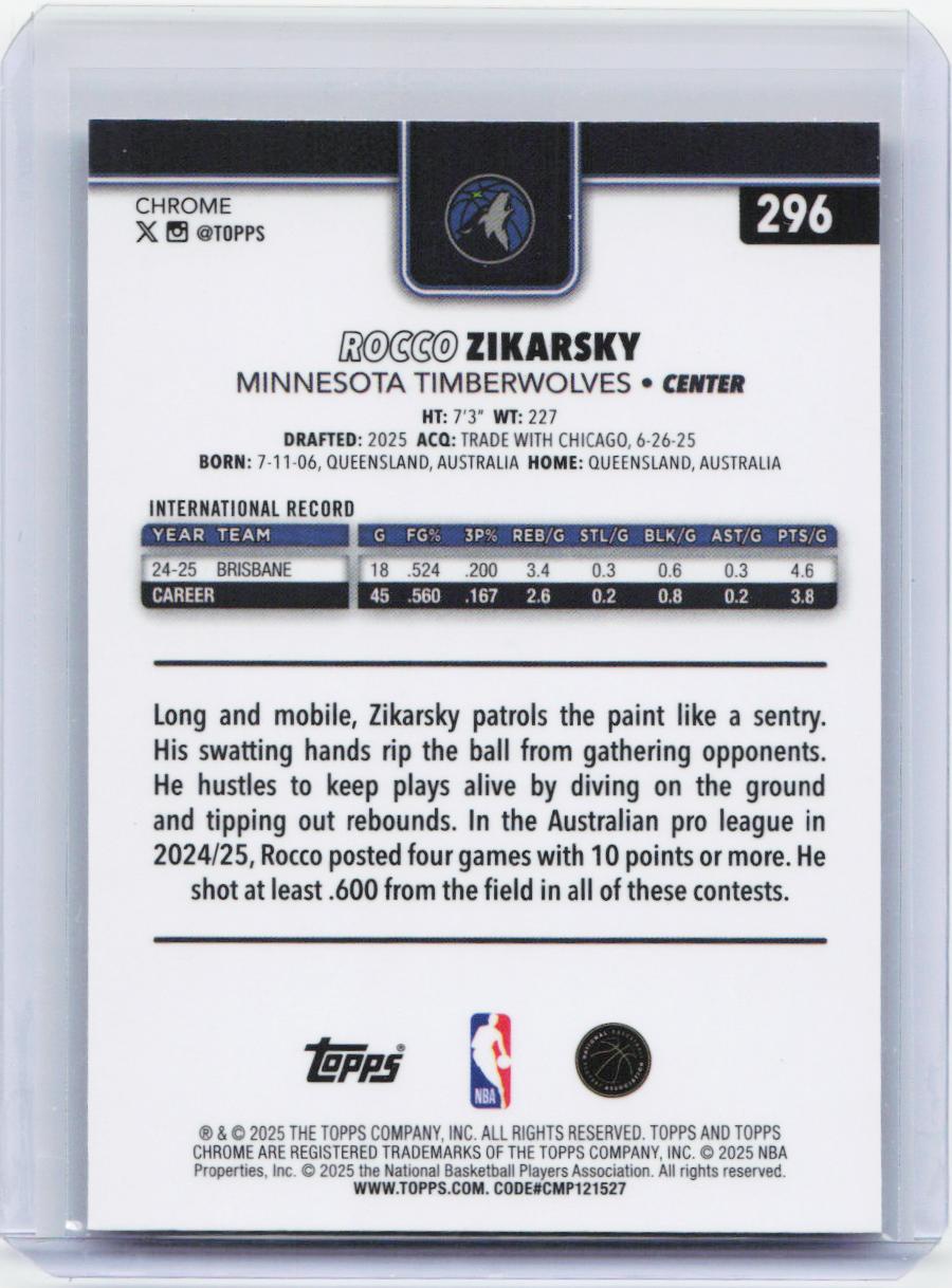 2025-26 Topps Chrome #296 Rocco Zikarsky