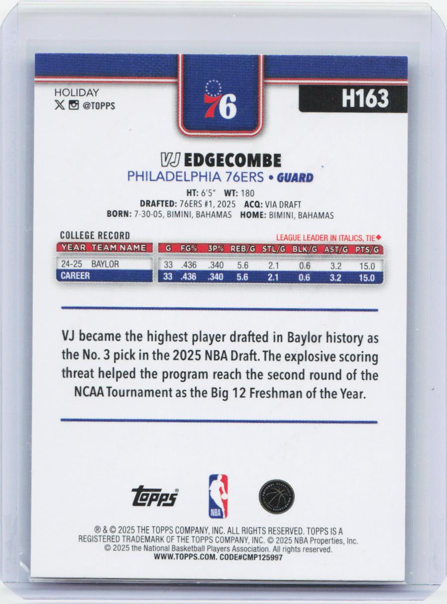 2025-26 Topps Holiday #H163 VJ Edgecombe Glitter Holiday