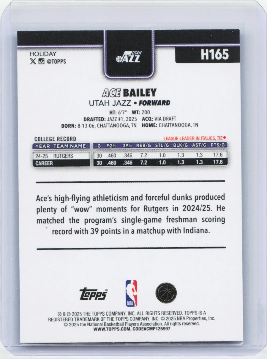 2025-26 Topps Holiday #H165 Ace Bailey Blue Metallic Glitter Holiday