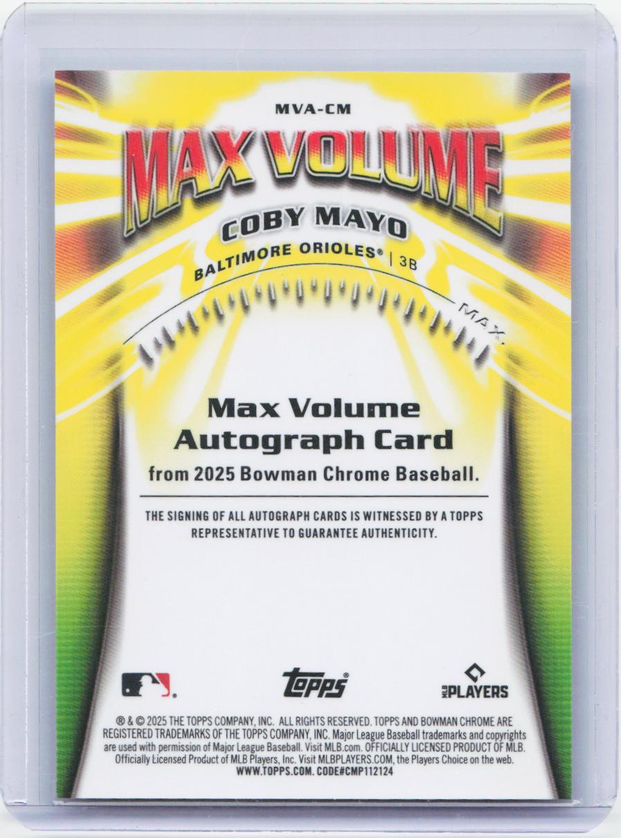 2025 Bowman Chrome #MVA-CM Coby Mayo Max Volume Autographs #/99