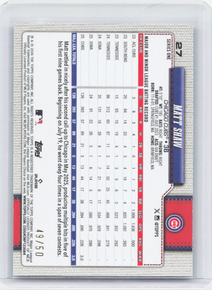 2026 Topps #27 Matt Shaw Walk This Way Gold #/50