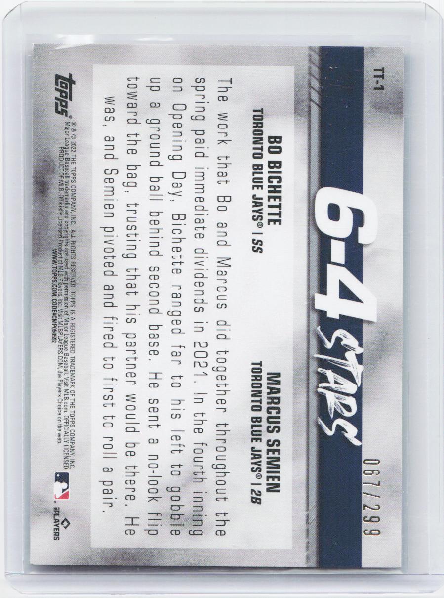 2022 Topps #TT-1 Marcus Semien / Bo Bichette 6-4 Stars (Turnin' Two) Black #/299