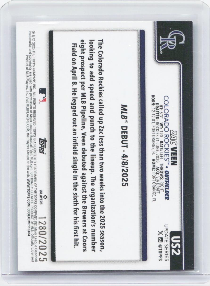 2025 Topps Update #US2 Zac Veen Gold #/2025