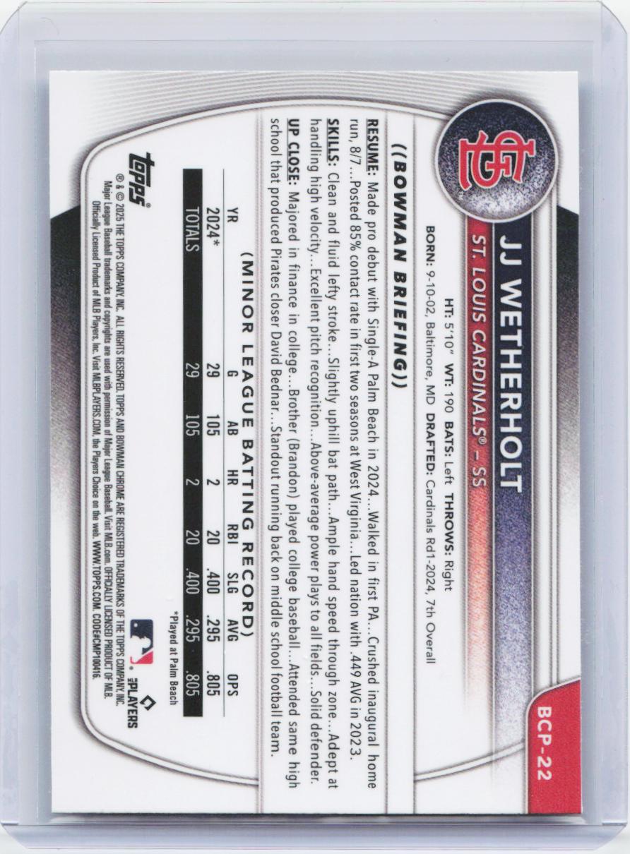 2025 Bowman #BCP-22 JJ Wetherholt Chrome Prospects