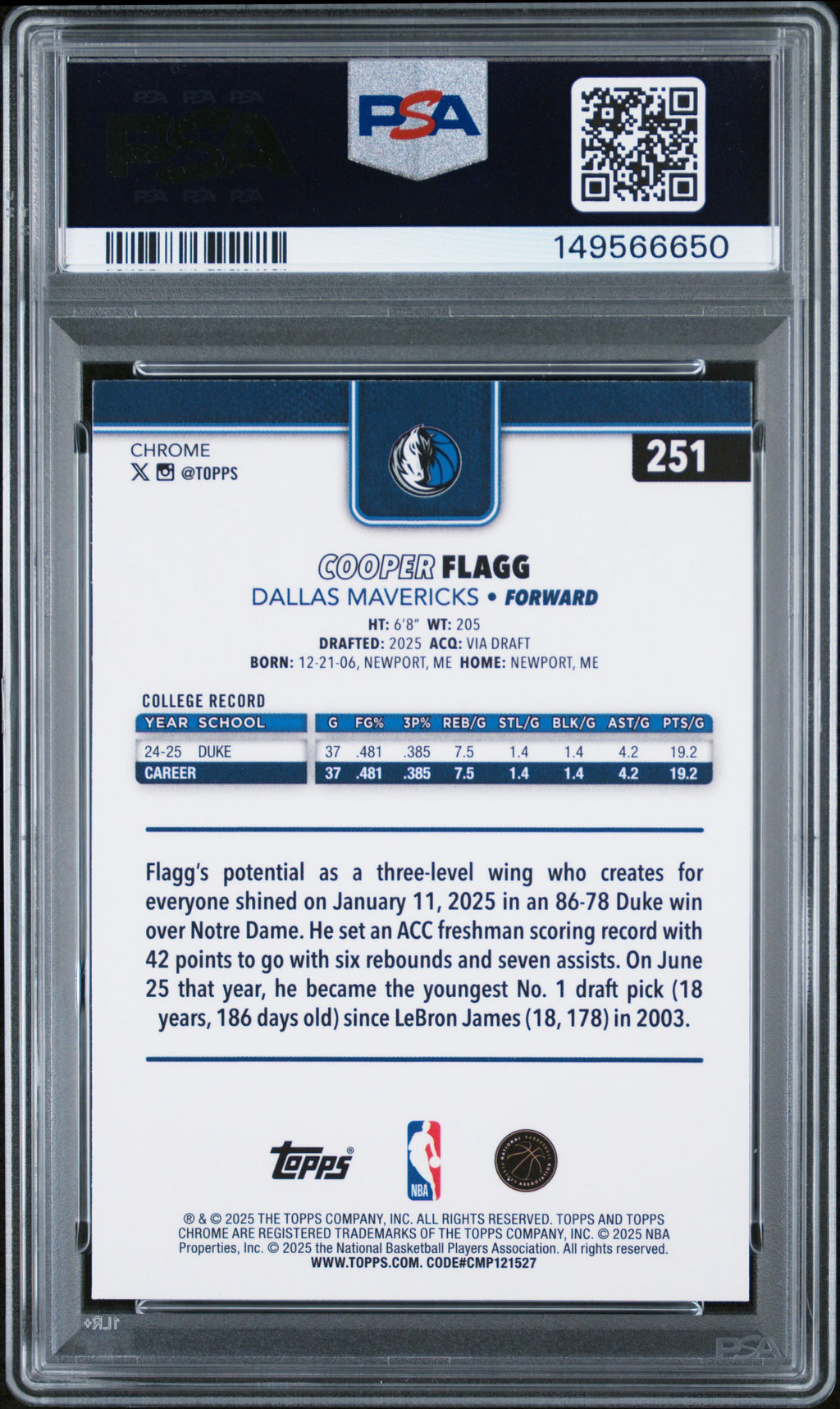 2025-26 Topps Chrome #251 Cooper Flagg PSA 9