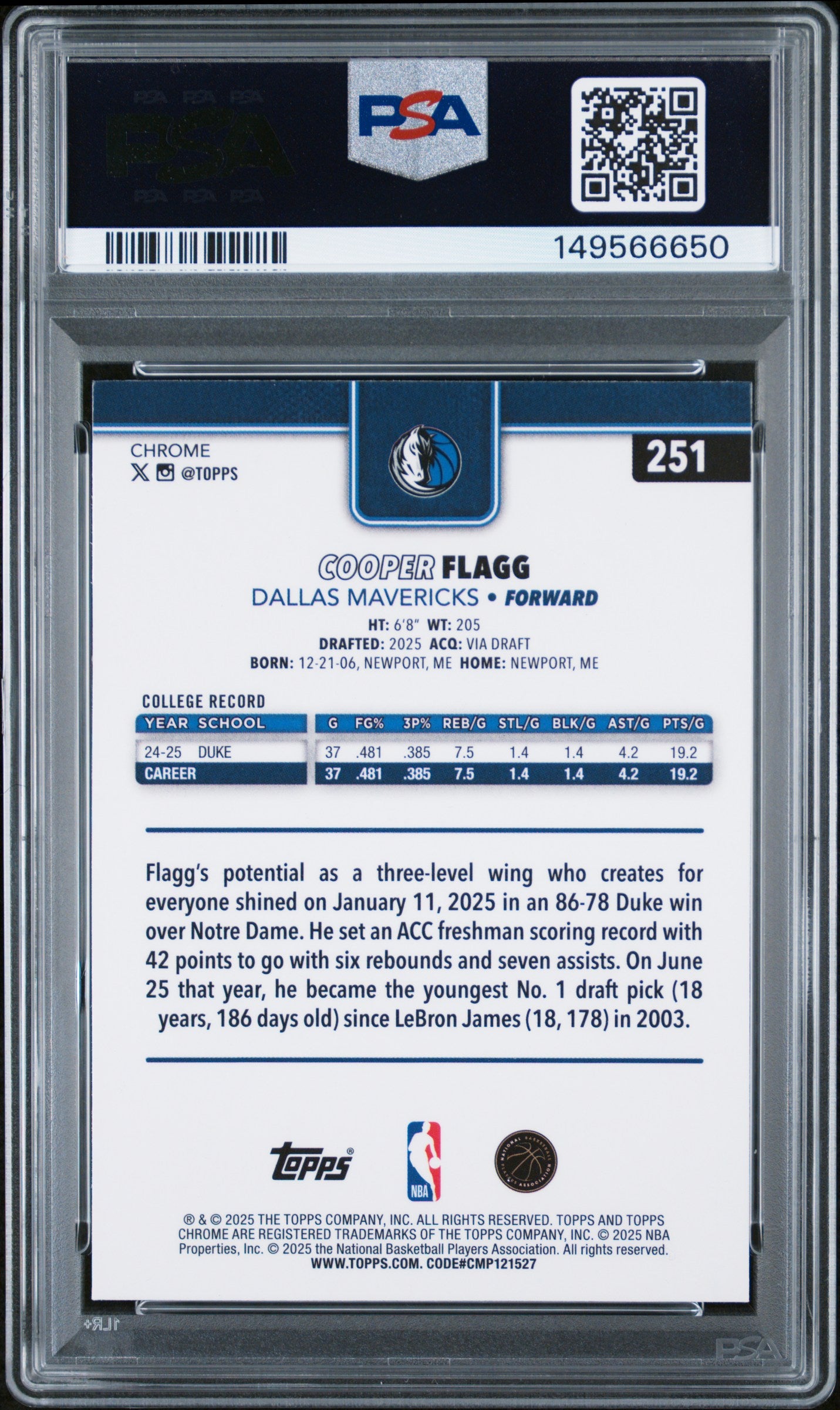 2025-26 Topps Chrome #251 Cooper Flagg PSA 9