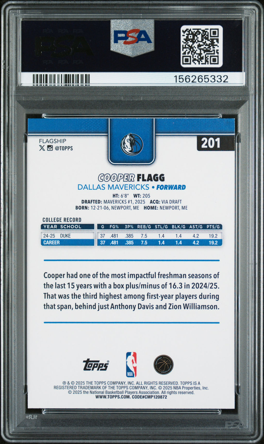 2025-26 Topps #201 Cooper Flagg PSA 9