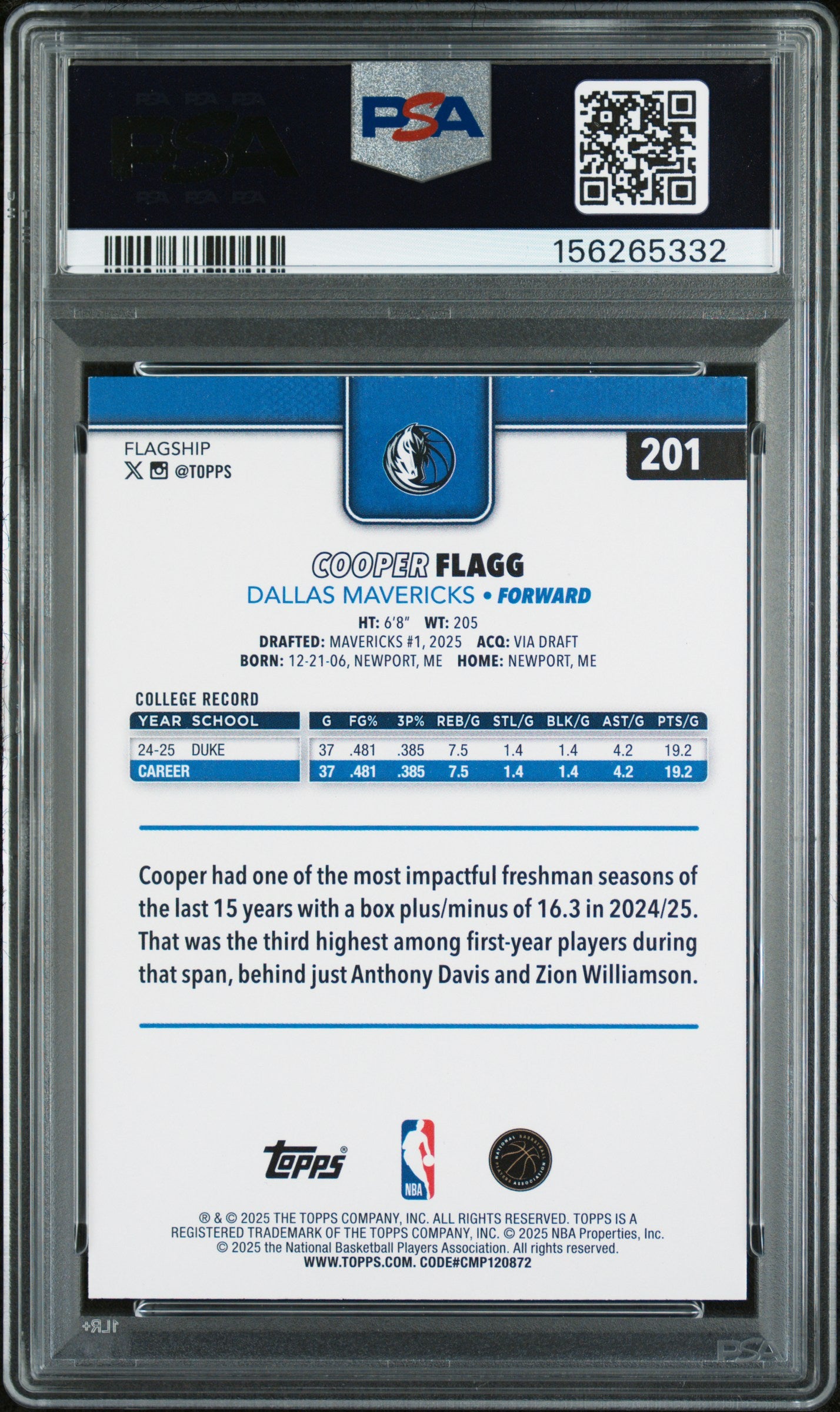 2025-26 Topps #201 Cooper Flagg PSA 9