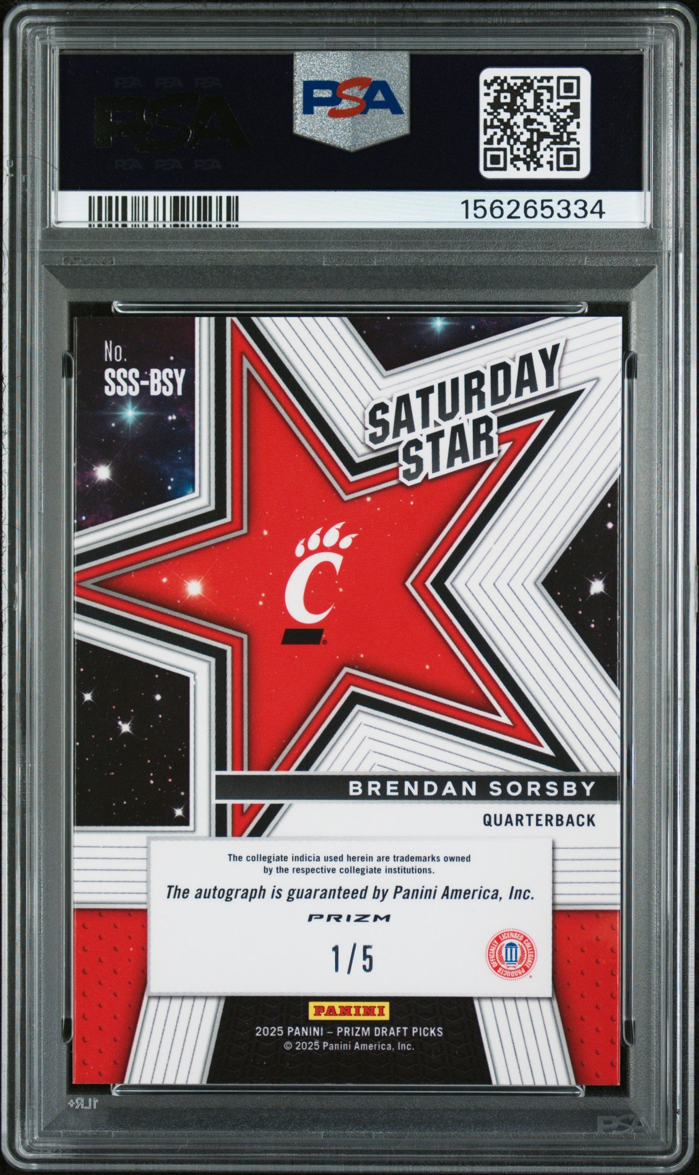 2025 Prizm Picks #SSS-BSY Brendan Sorsby Saturday Stars Auto Gold PSA 10 #/5