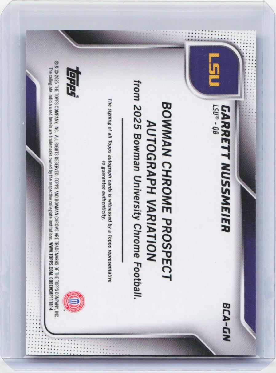 2025 Bowman U #BCA-GN Garrett Nussmeier Prospect Autographs Blue Refractor #/150