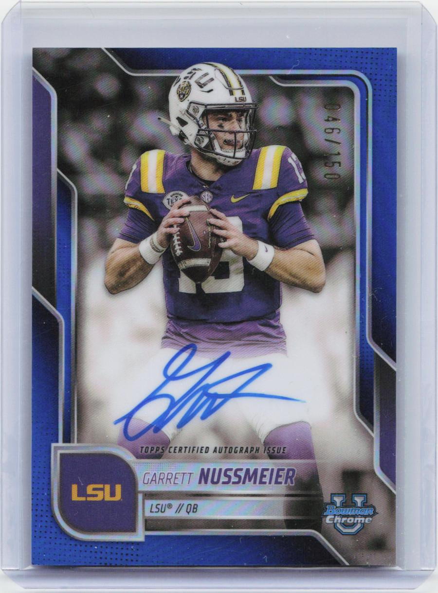 2025 Bowman U #BCA-GN Garrett Nussmeier Prospect Autographs Blue Refractor #/150