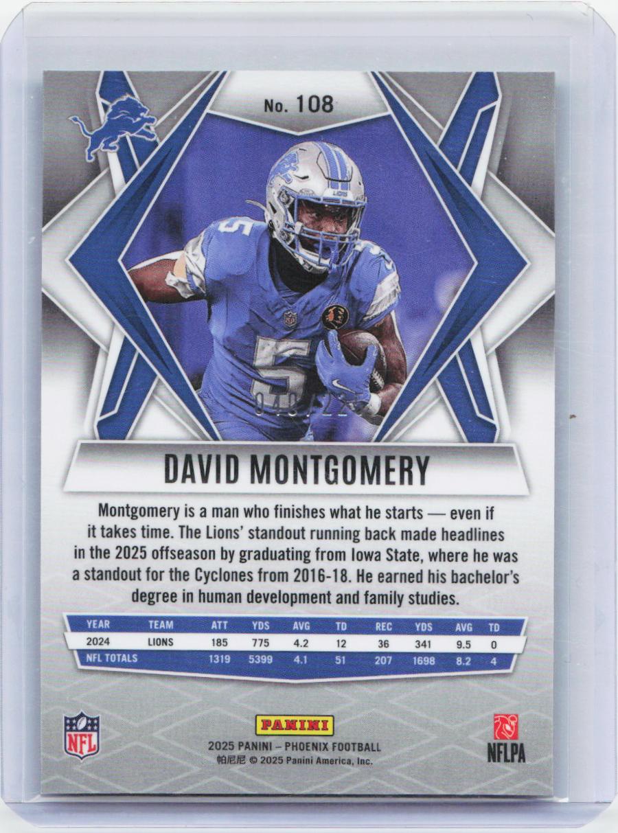 2025 Panini Phoenix #108 David Montgomery Teal Pyramids Prizm #/225