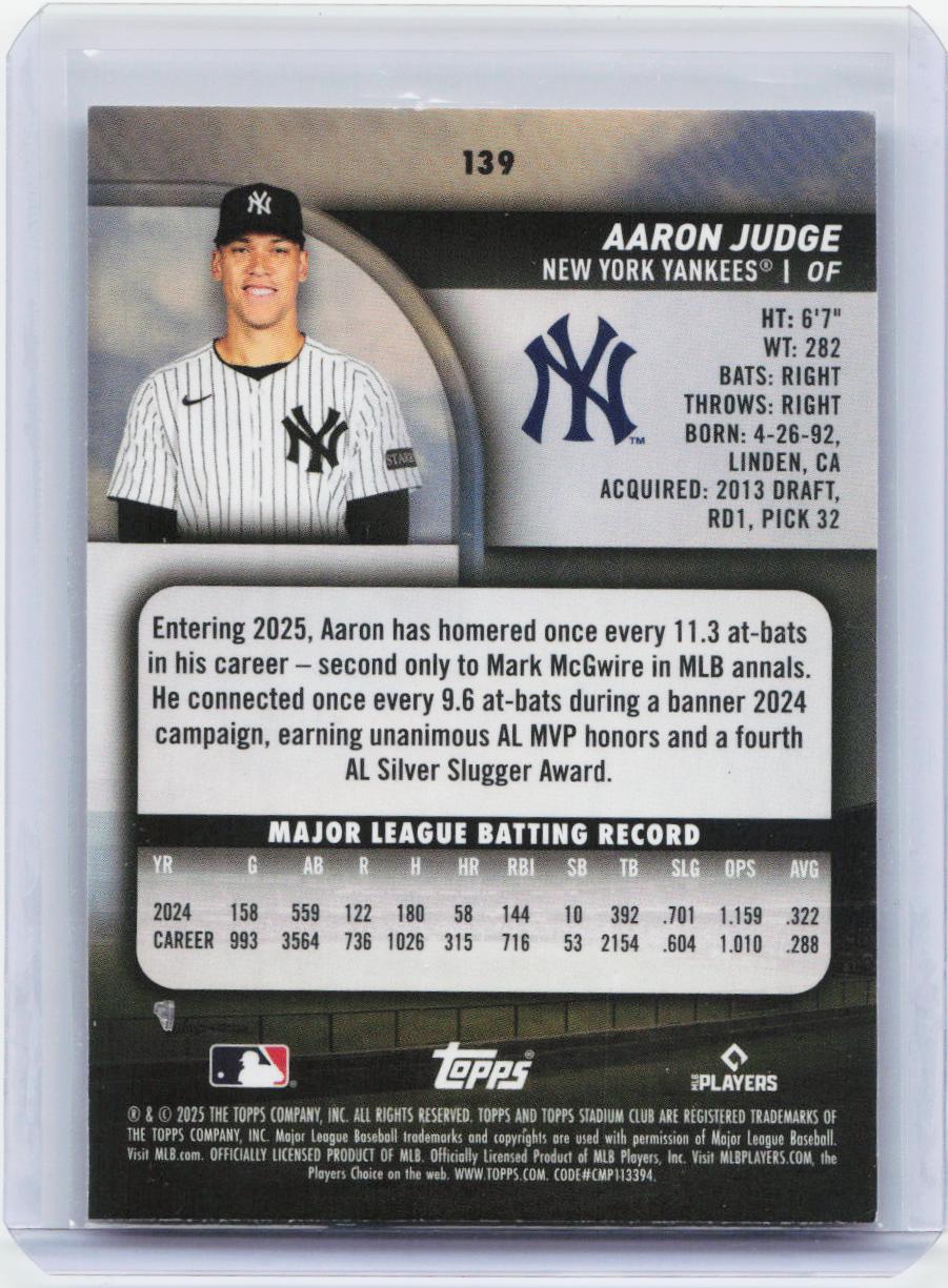 2025 Stadium Club #139 Aaron Judge