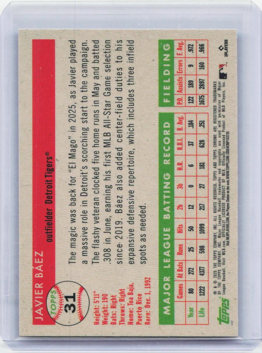 2025 Topps Chrome Platinum #31 Javier Báez Blue Mini-Diamond Refractors #/199